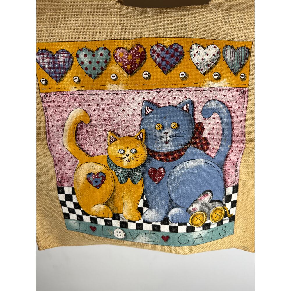 Vintage Burlap Tote Bag I Love Cats - Picture 6 of 6